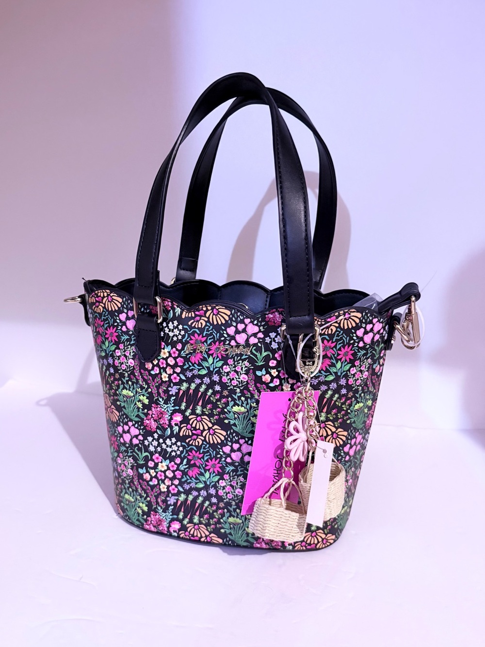 Betsey Johnson Black Floral Tote with Pink and Green Accents